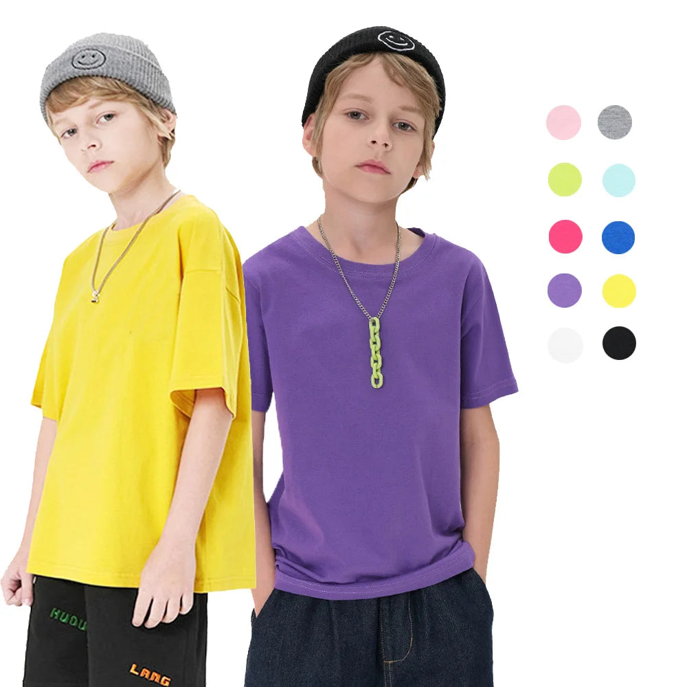 Summer Kids T-shirts Solid Cotton Short Sleeve Top Boys and Girls Casual Tees Purple Toddler Clothes Unisex Plain Tshirts White